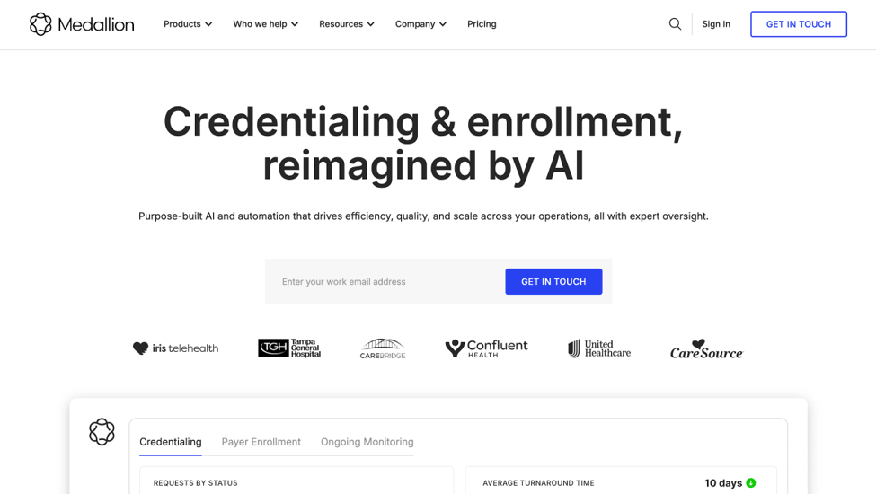 Medallion credentialing and enrollment platform homepage